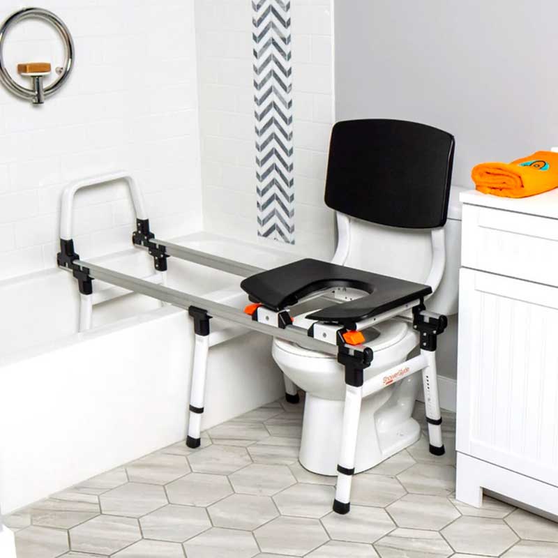 ShowerGlyde bathroom assistive transfer bench setup ShowerGlyde bathroom assistive transfer bench setup